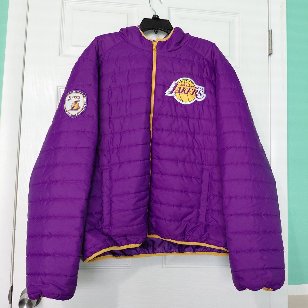 NBA Los Angeles Lakers Puffer Jacket Mens 2XL Purple Gold Hooded Full Zip Coat